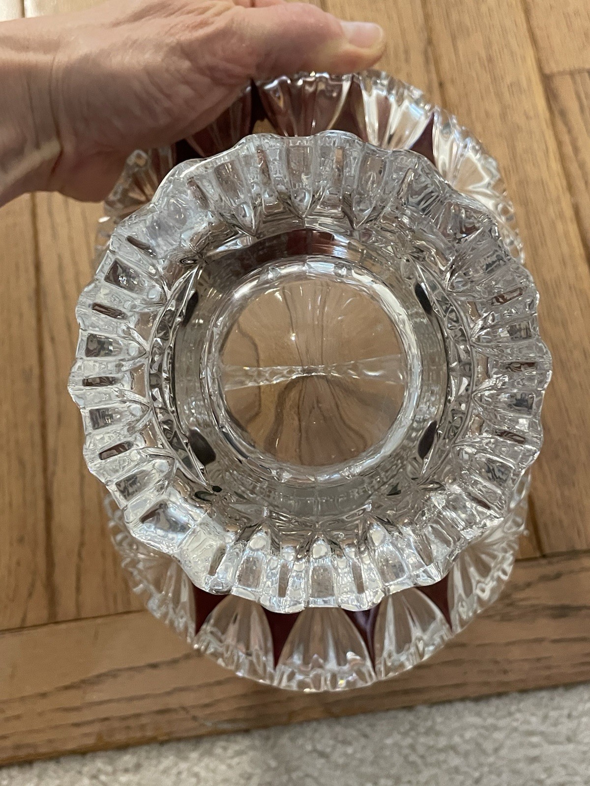 Vintage Crystal Clear & Ruby Red Basket with Handle with Etched Rose