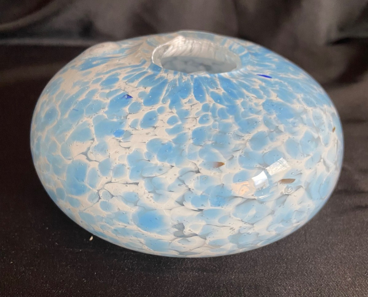 Hand Blown Blue Glass Freeform Small Bud vase – signed by artist – 5 inch wide