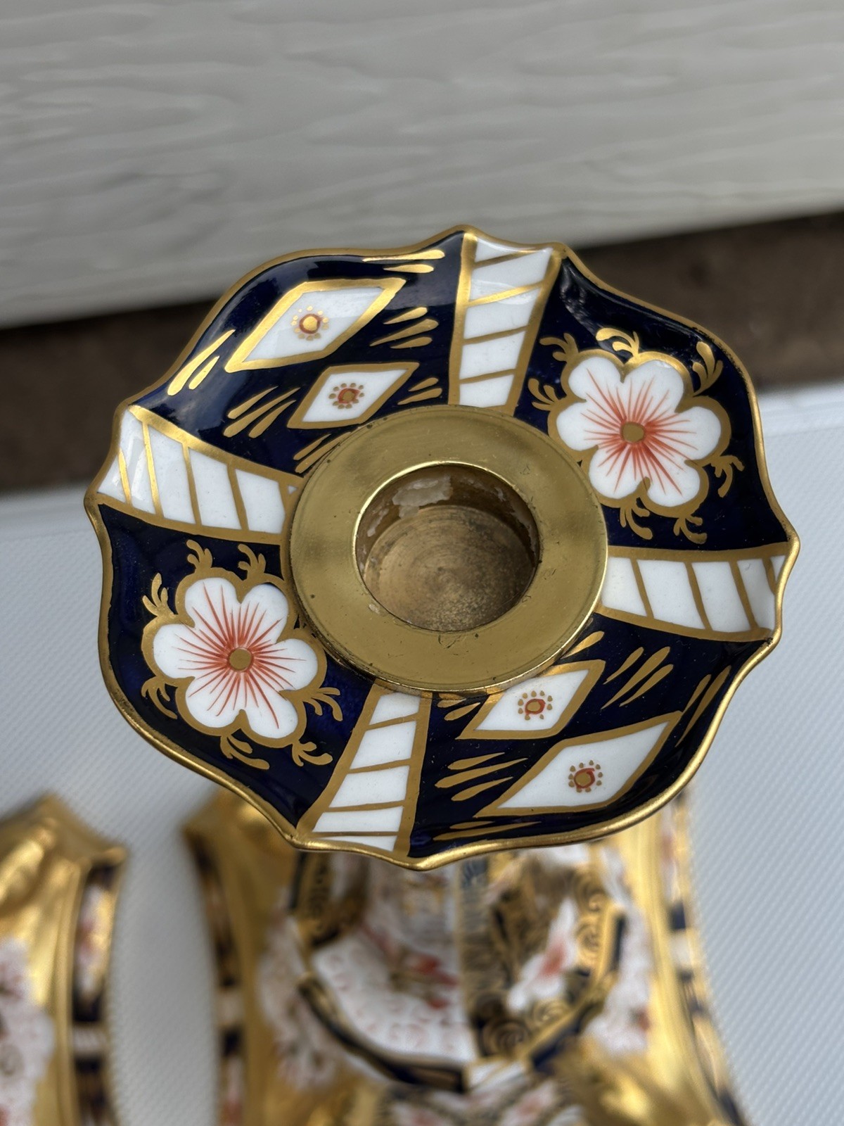 Pair Royal Crown Derby Old Imari Large Candlesticks 10.5in Excellent