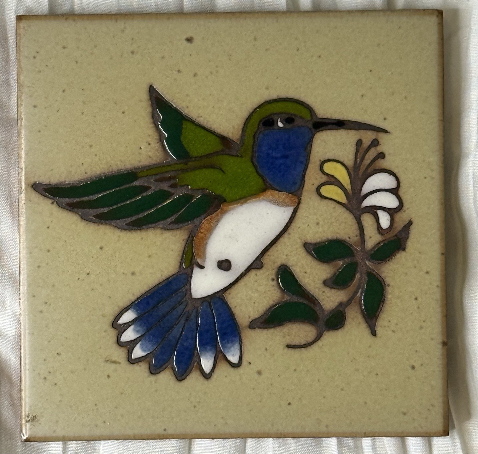 Cleo Teissedre Hand Painted Ceramic Tile Hummingbird Trivet Coaster Southwestern