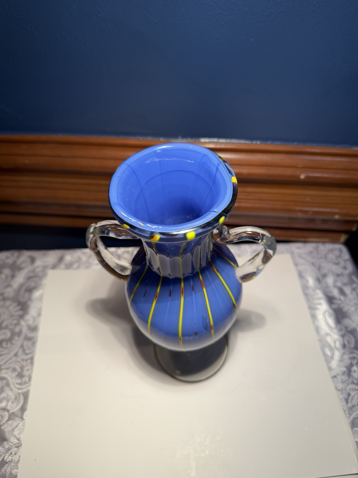 Vibrant Murano Style blue hand-blown art glass vase. Blue Yellow Red Stripes