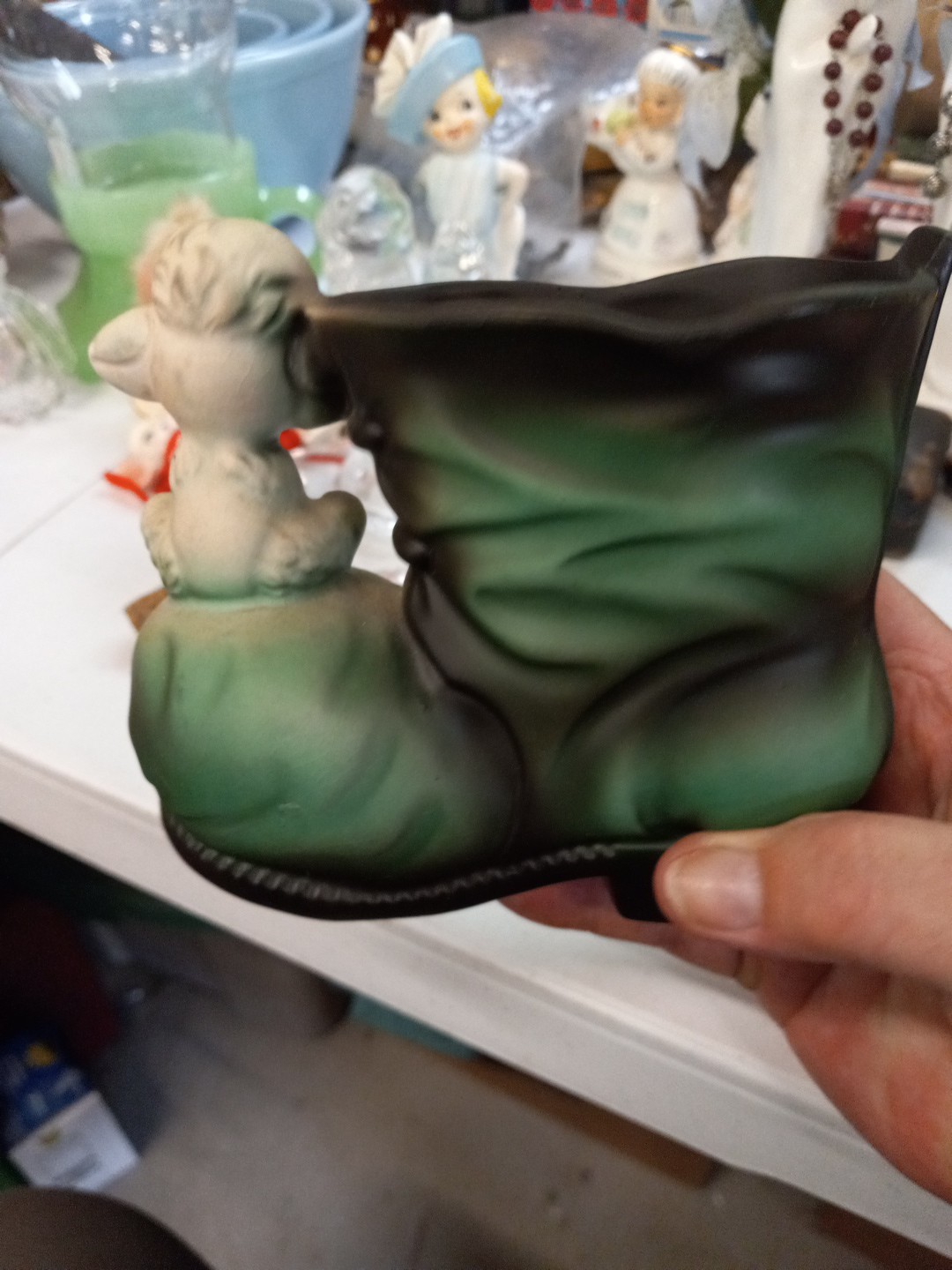Vintage Green Boot Shoe And White Poodle Sitting Dog Ceramic Planter Vase