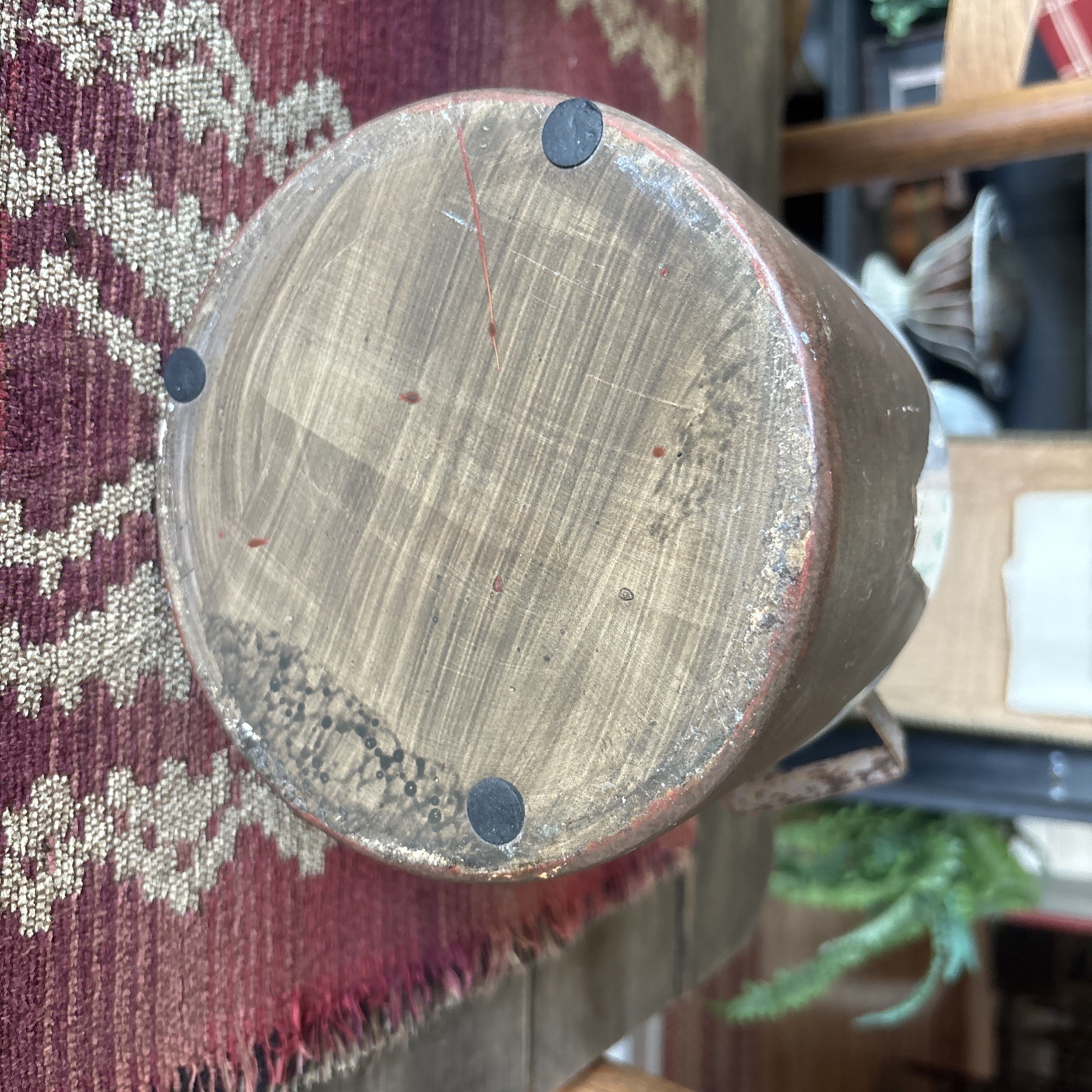 Very Unique Vintage Hand-Painted Rustic Open Crock w/Metal Handles