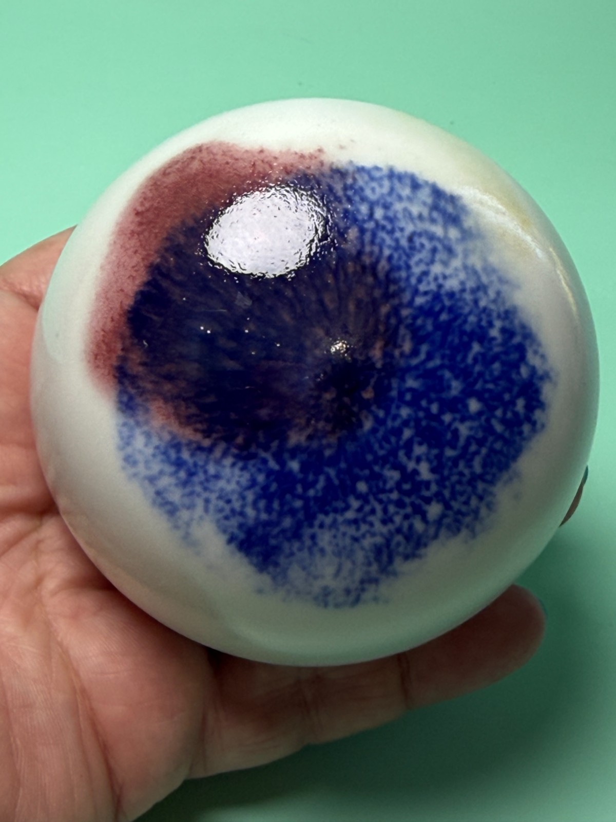 Finely Crafted Art Studio Pottery Ceramic Paperweight Signed RW Spotted Blue