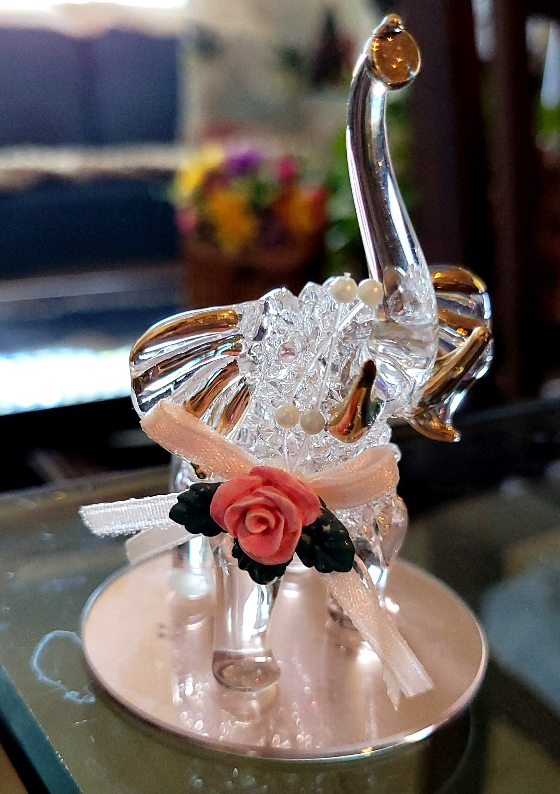 Elephant Handblown Glass Trunk Up Wearing Flower Viollet Base Statue vtg