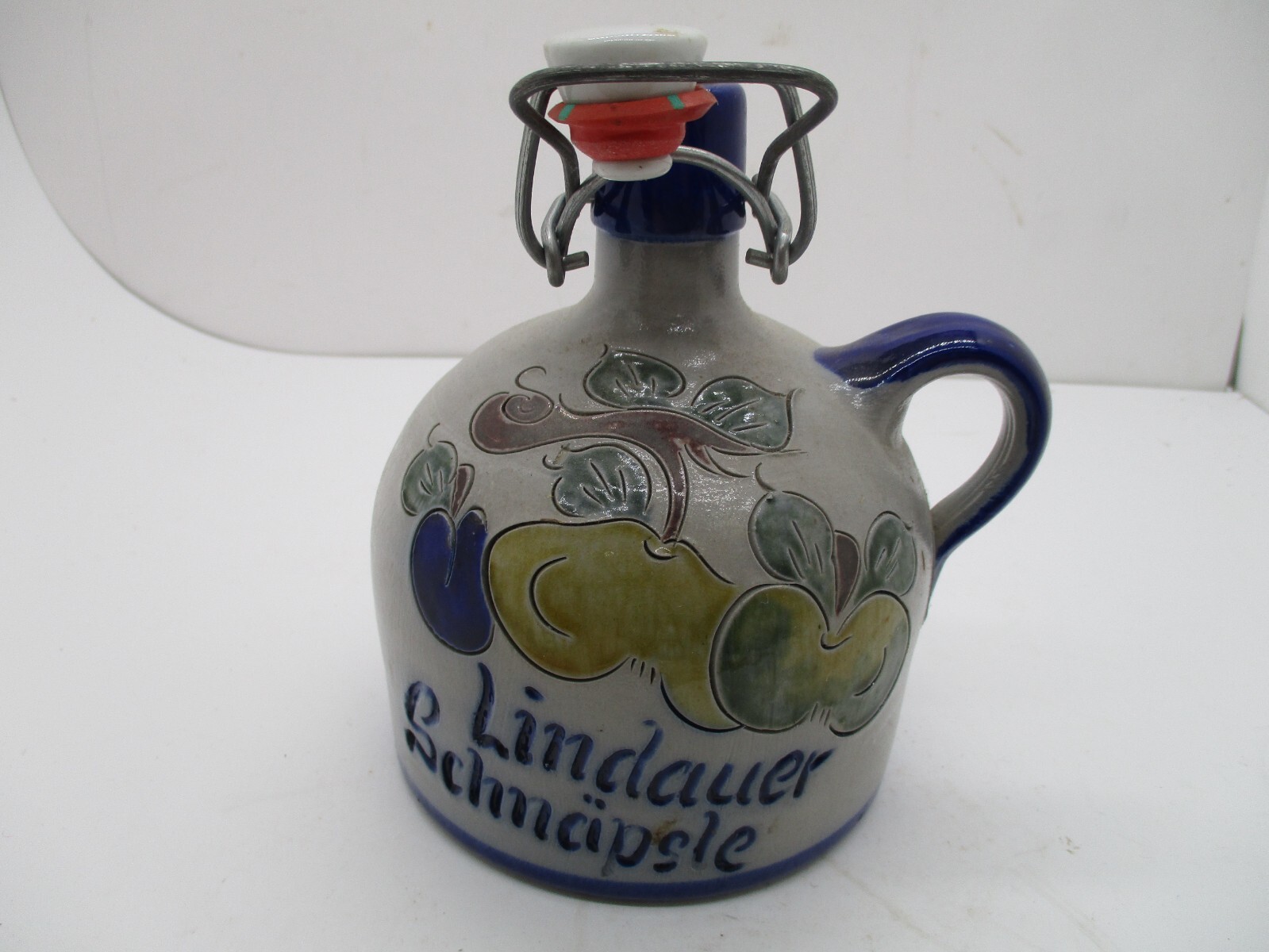 Vintage SCHNAPS Stoneware Jug FRUIT Signed Handarbeit EMPTY