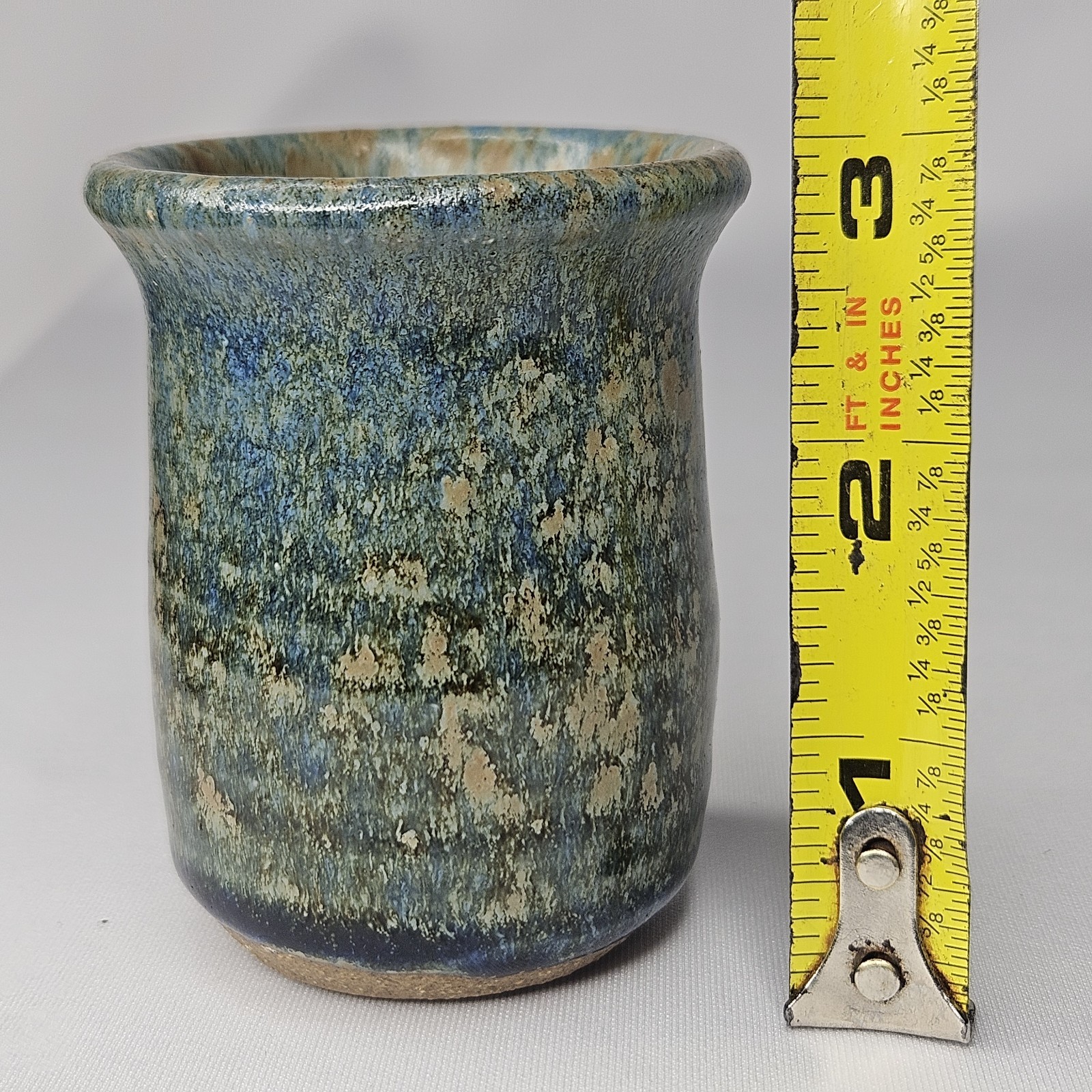 Handthrown Studio Art Pottery 3″ Vase Cup Blue Green Tan Glaze Signed 3oz Vessel