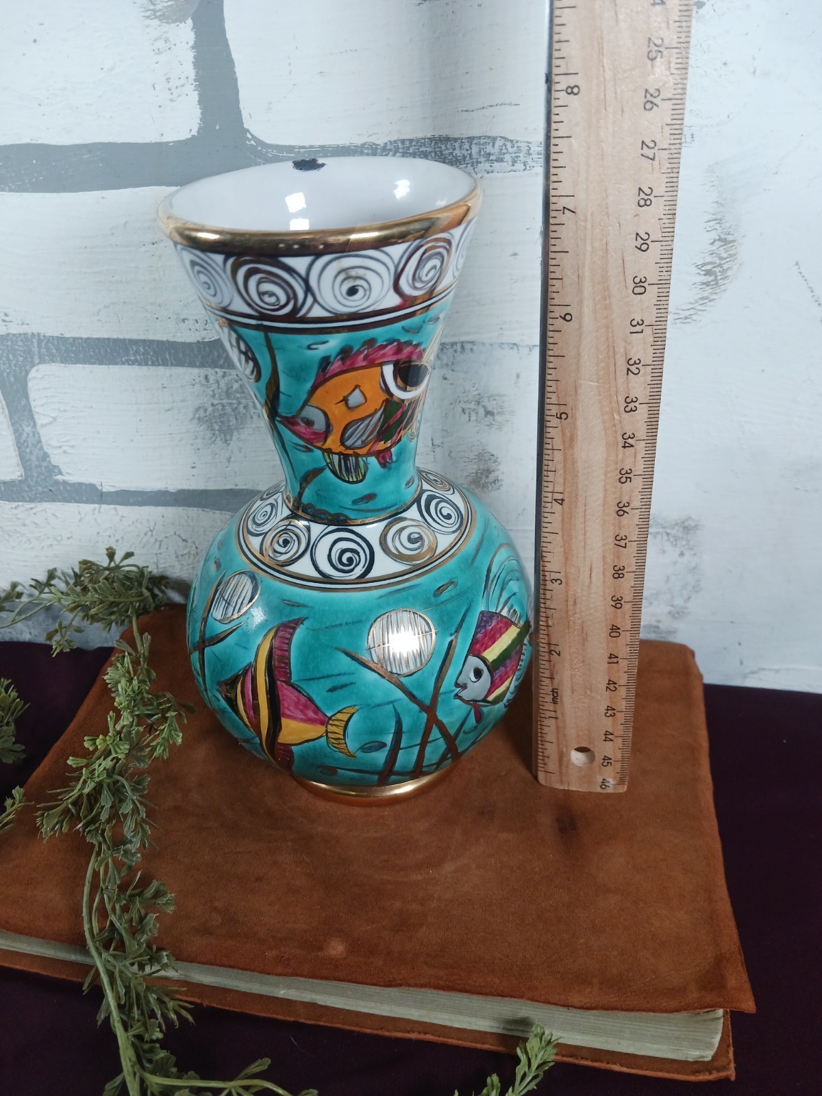 Fish Underwater Vase Handmade Greece Pottery Turquoise Shows Ware Inside Rim