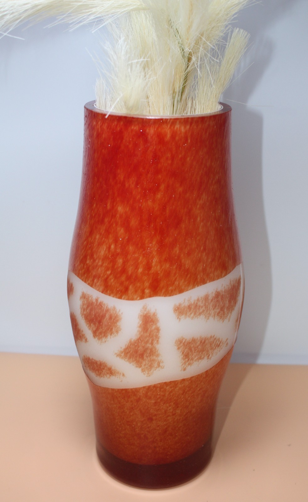 Vintage Mint Orange Giraffe Pattern 12″ Blown glass Vase Made In Poland