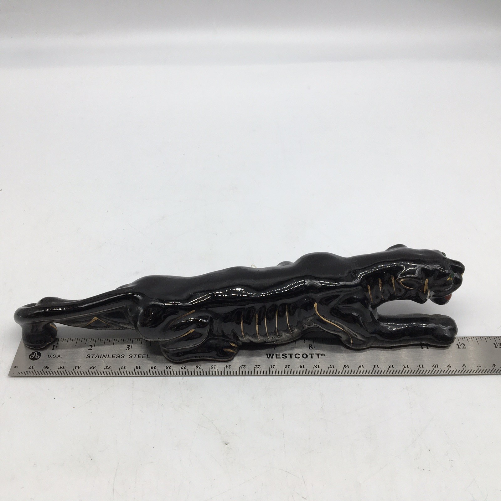 2 MCM Pottery Stalking Black Panther Green Jeweled Eyes `12” And 5.5” Redware