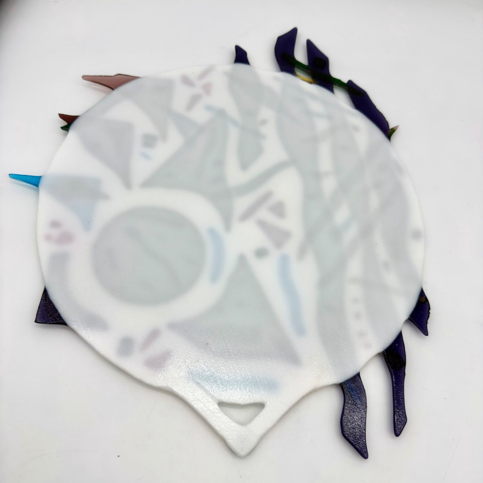 Vtg Fused Glass Wall Hanging Modernist Abstract Face Geometric Blue Dichro 15”