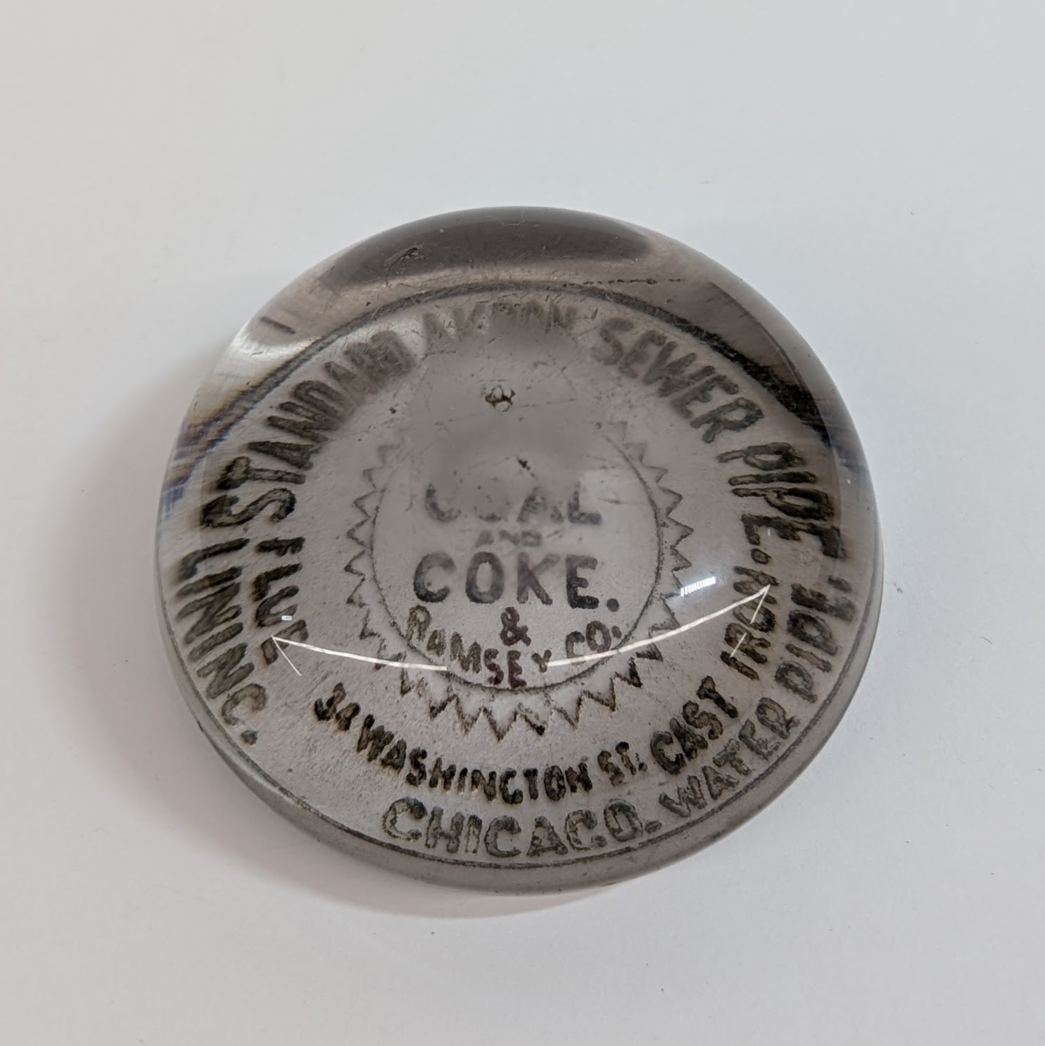 Antique Advertising Chicago Coal & Coke Glass Paperweight Rhoads & Ramsey Co