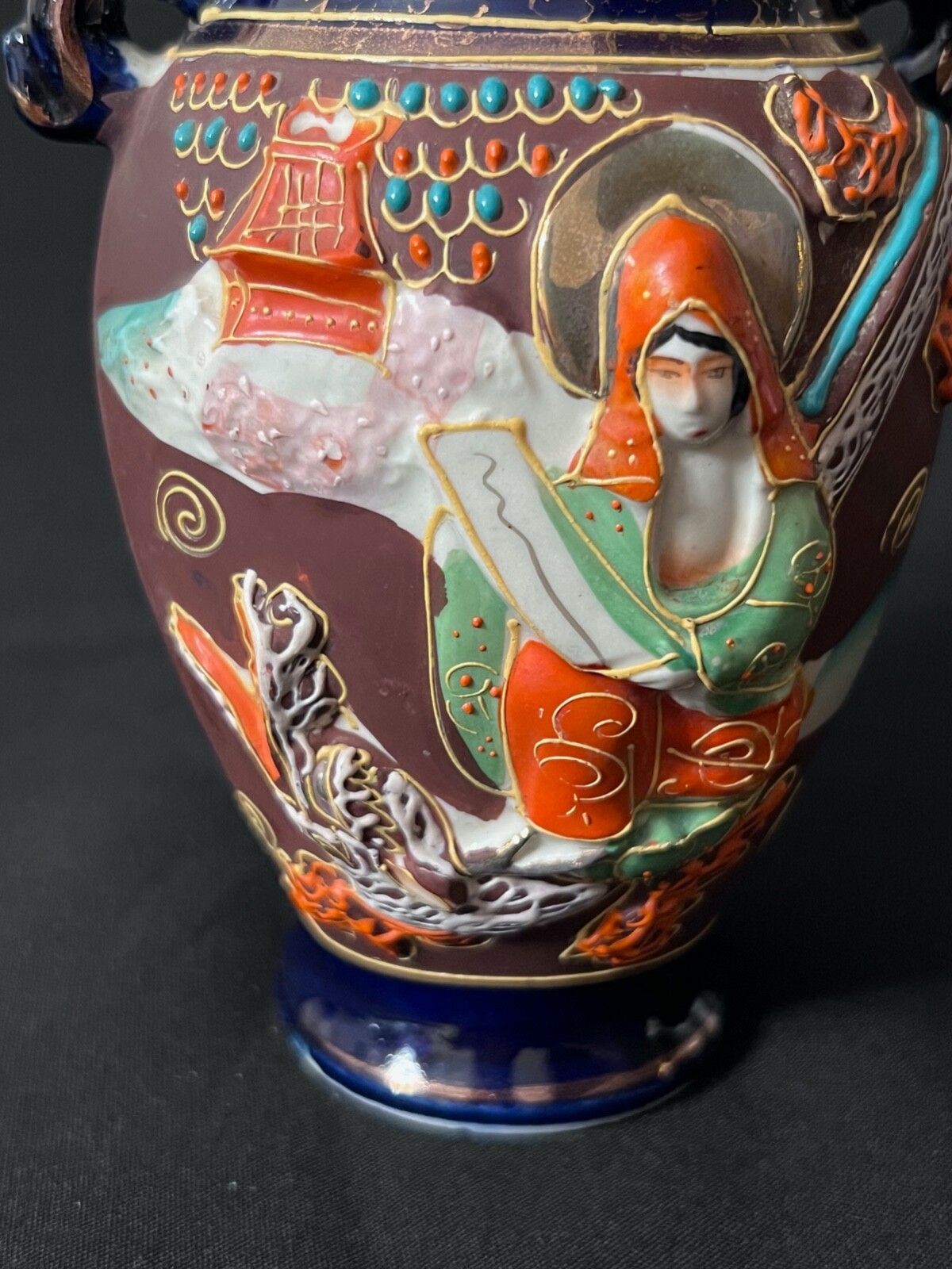 Vintage Japanese Moriage Dragon Ware Vase Double Handles Gold Accents 6″