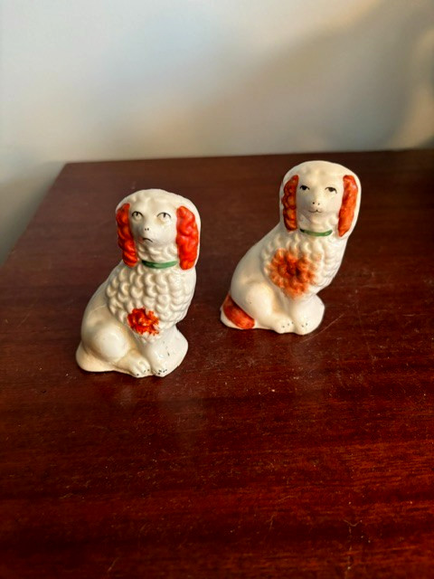 Two Miniature 19th Century Antique Staffordshire Spaniel Dogs, 3.5″