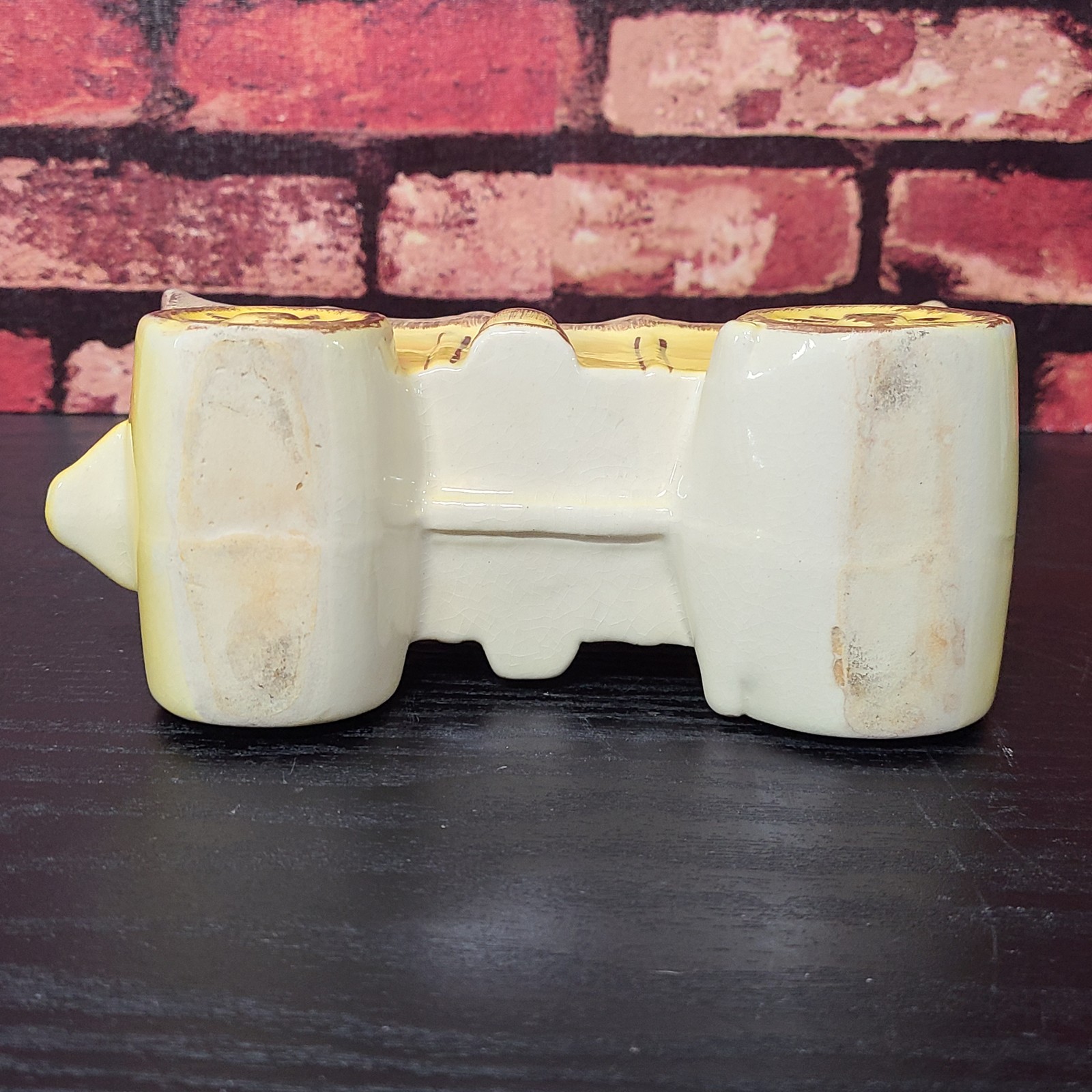 Vintage Ceramic Covered Wagon Planter Yellow Cream Brown Decorative 6 3/4 Long