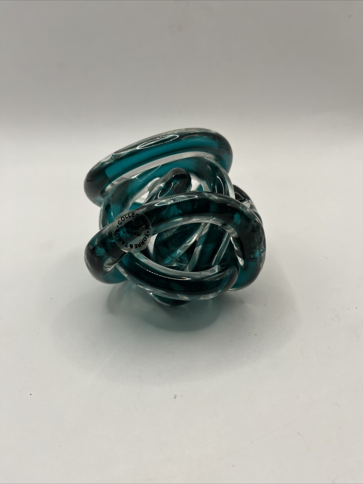 Torre & Tagus Art Glass Infinity Twisted Rope Knot Paperweight Deep Teal Color