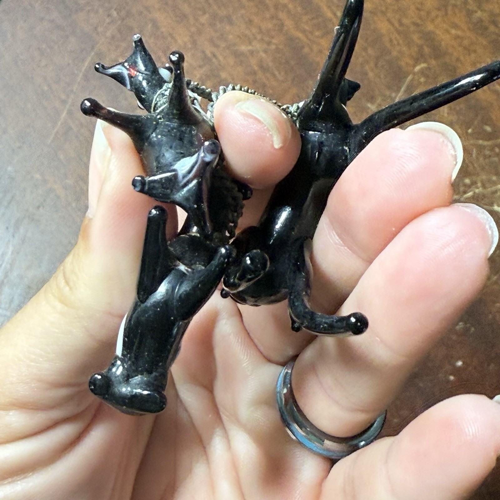 Vintage Miniature Black White Lampwork Glass Puppy Dog Figurine 3 Chained