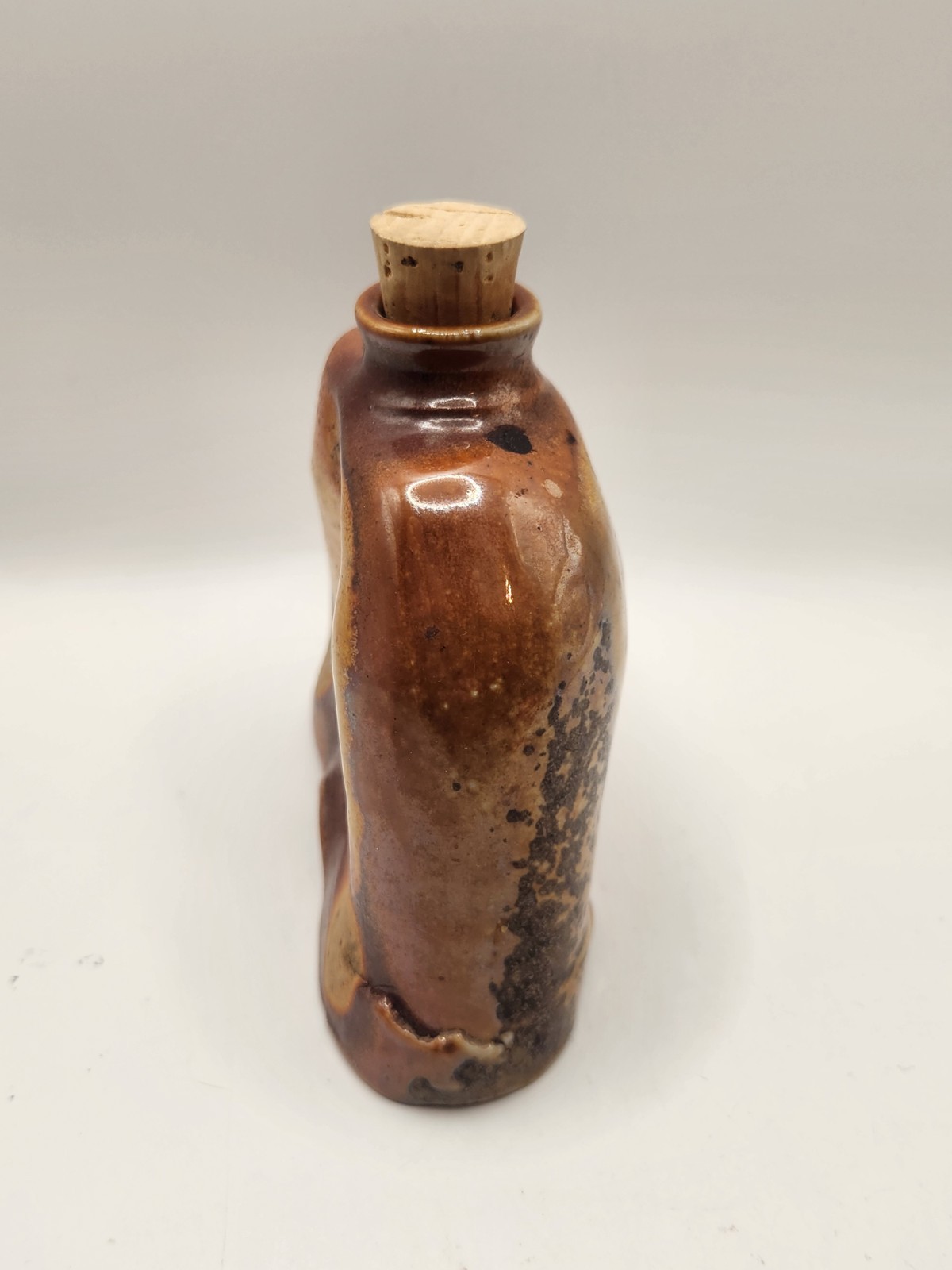Studio Art Pottery Flask Bottle Corked Signed Brown Earth Tone Handmade 4.5”