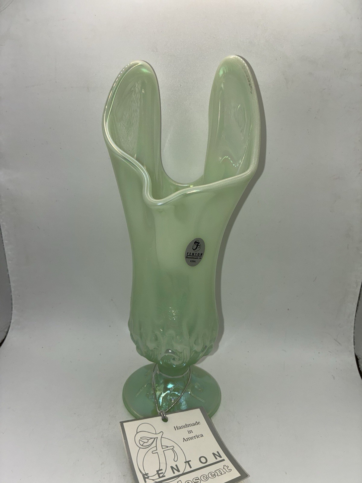 Fenton Glass Swung Vase Lilly of Valley Seafoam Green Iridescent Dragon Tooth