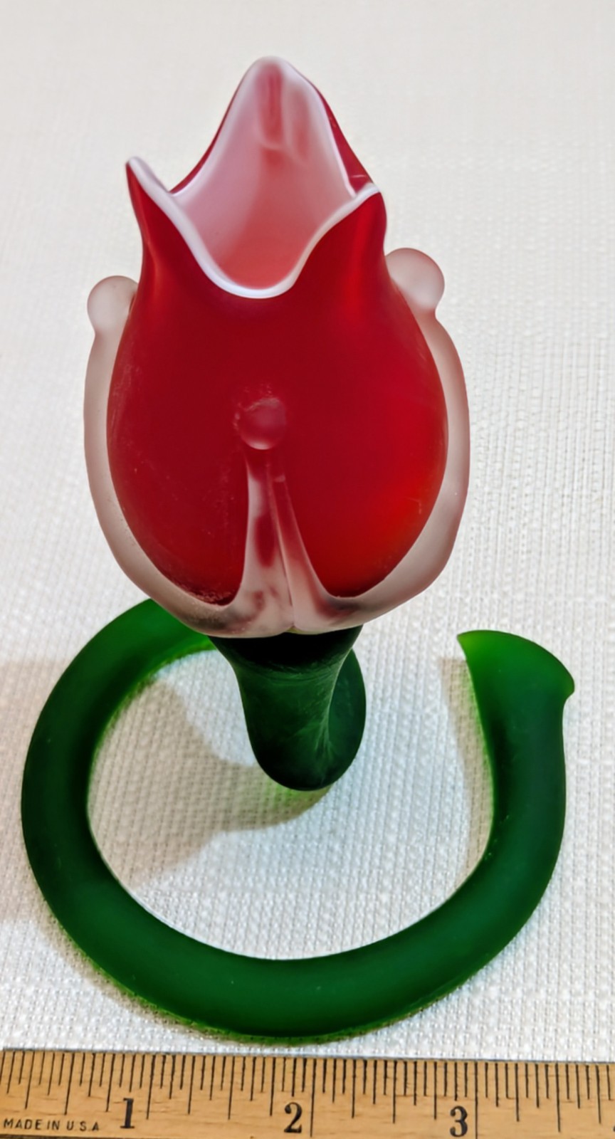 Free Standing Frosted Art Glass Red Flower Bud (Rose/Tulip) w/Curled Green Stem