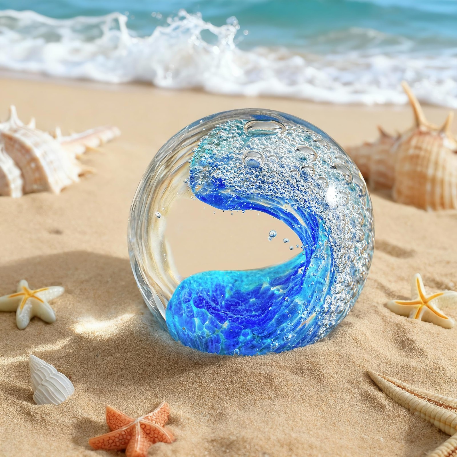 Ocean Wave Glass Ball 2.3″ – Blue Sea Wave Crystal Paperweight, Nautical Decor,