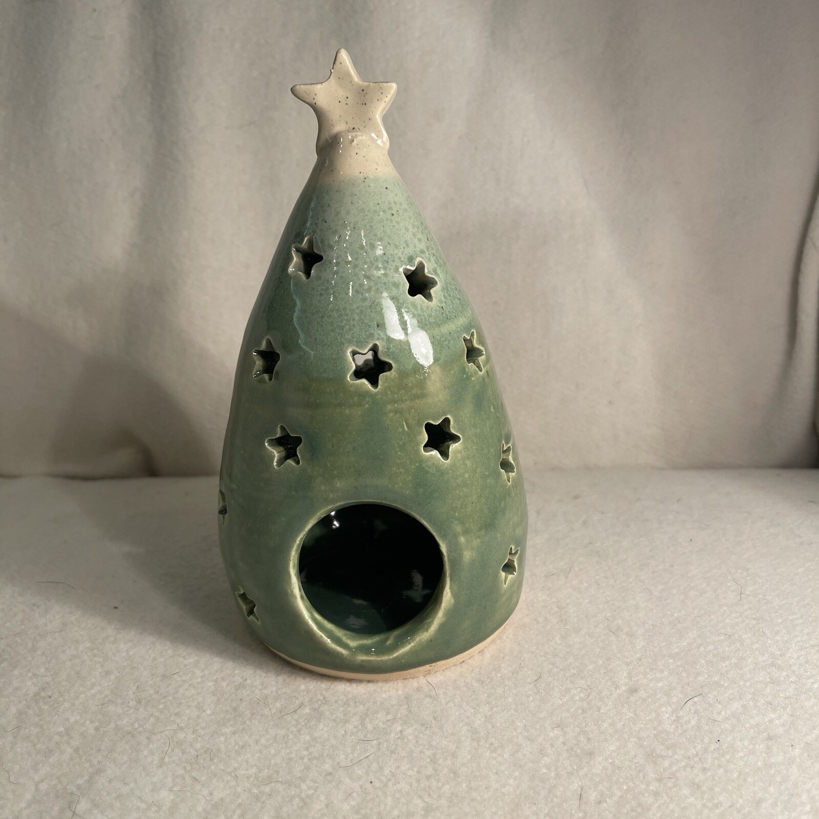 Handcrafted Art Pottery Christmas Tree W/ Stars Yes Light Candle Holder Signed