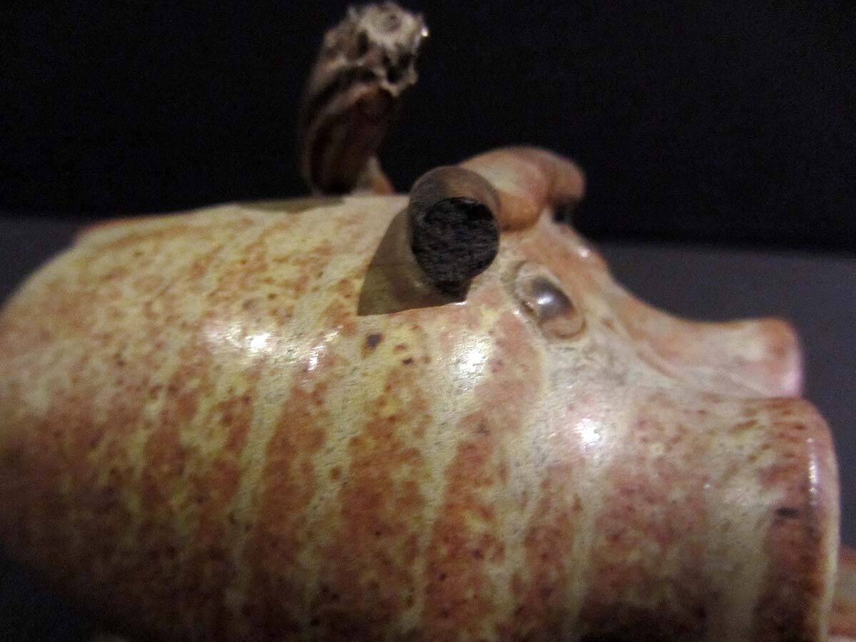 Small SOUTHWESTERN WILD BOAR Figural Ashtray Signed MARIE or MARIA Damaged Horns