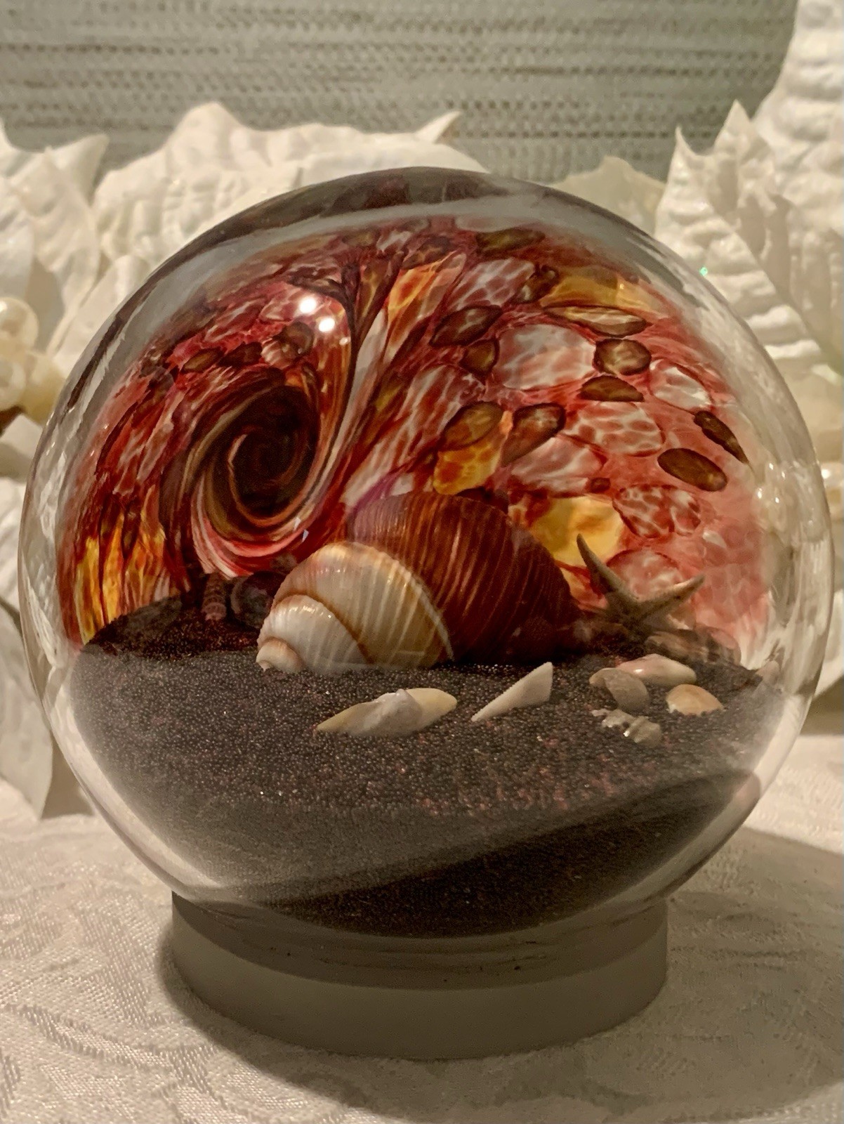 Art Glass Eye Studio Globe Sand & Sea Shells Paperweight Red Swirl 3 3/4”