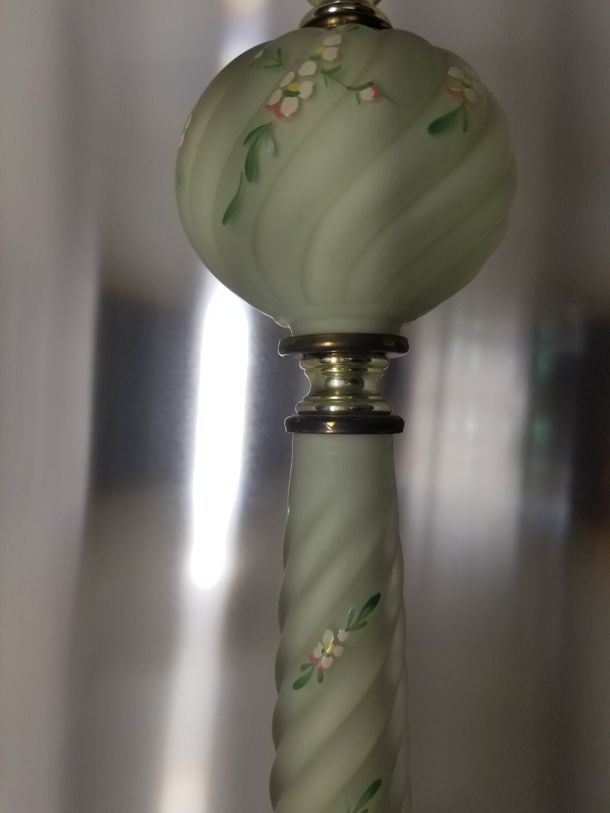 Vintage Bedside Lamp * Green Satin Glass * Extra Glass Font Hand Painted * 1950s