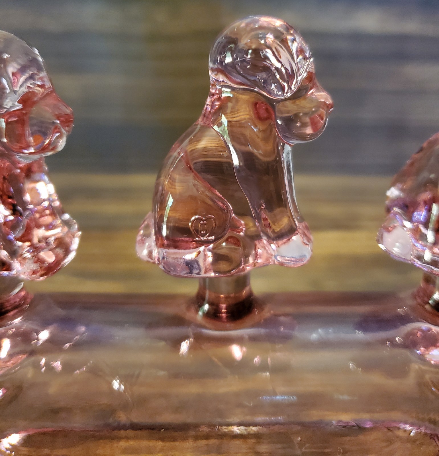 Degenhart Museum Pink Glass Mini Pooch Dogs on Font Very Rare