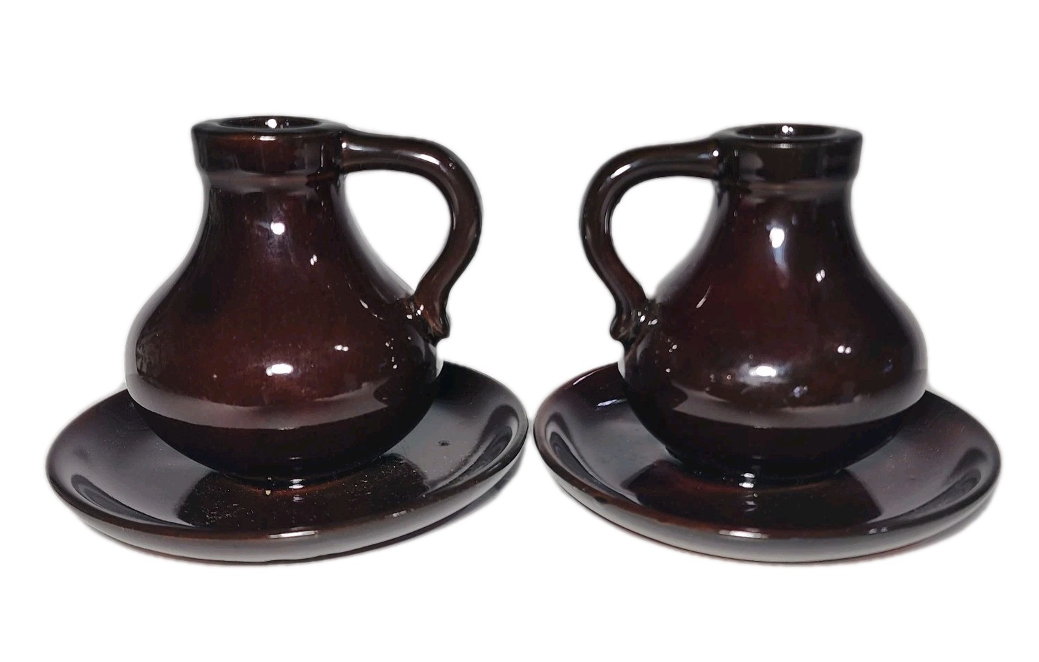 2 Vintage Redware Clay Pottery Candle Holder Set Candlestick Holders W Handles