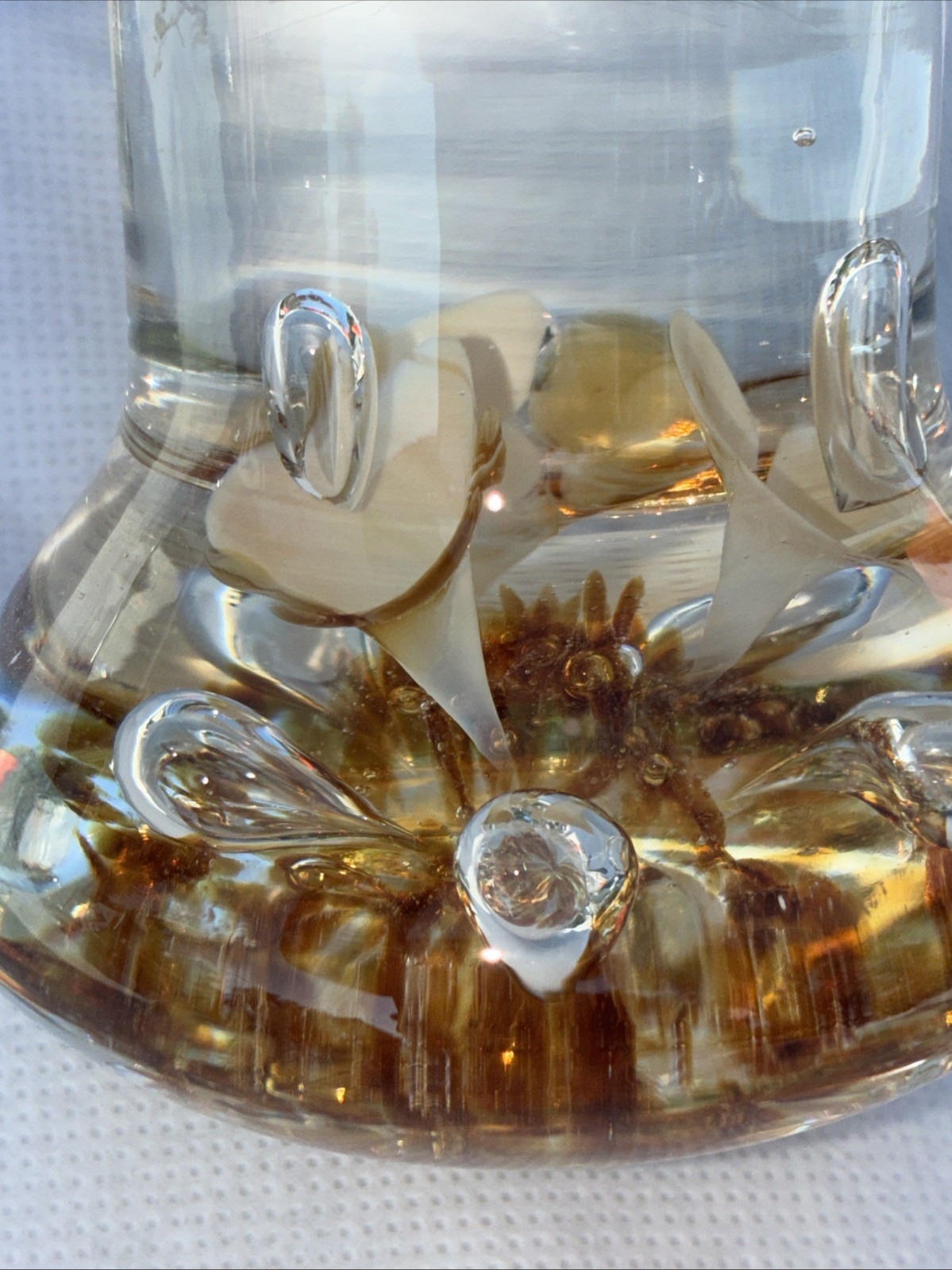 Joe Rice Bell Shaped Paper Weight Clear & Gold Tinted White Tall Flowers