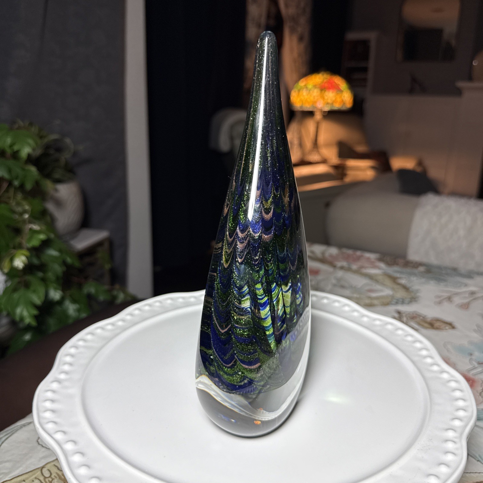 Peacock Inspired Heavy Art Glass Teardrop Sculpture Paperweight 10” Home Decor