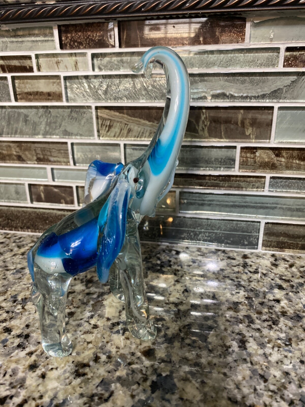 Vintage Hand Blown 6.5” Tall Heavy Art Glass Trunk Up ELEPHANT. Clear And Blue.
