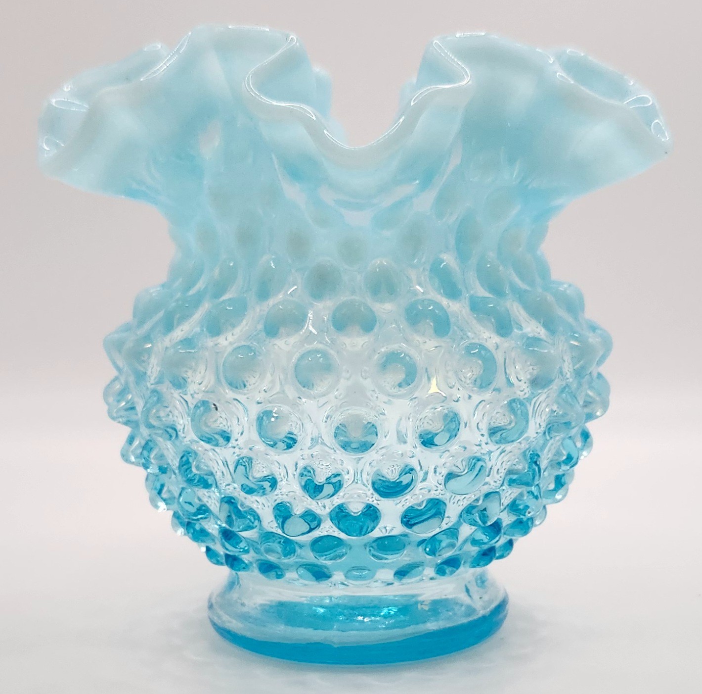 Vtg Fenton Aqua Baby Blue Opalescent Hobnail Ruffled Art Glass Vase 4.5″ AS IS