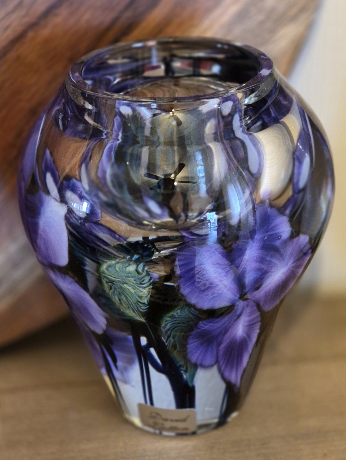 DAVID LOTTON 2001 VNTG PURPLE FLOWER HANDBLOWN GLASS ART VASE