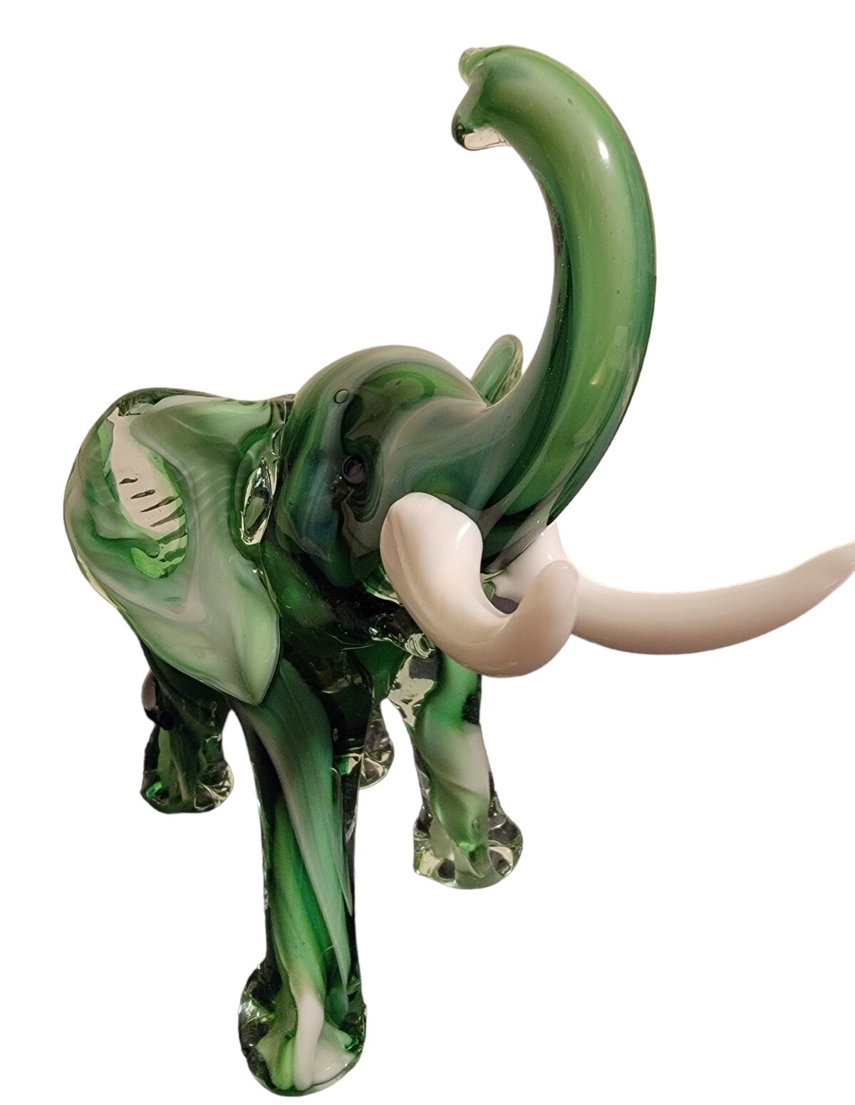 Vtg Hunter Green White Glass Elephant Trunk Up Tusk Figurine Murano Luck Fortune