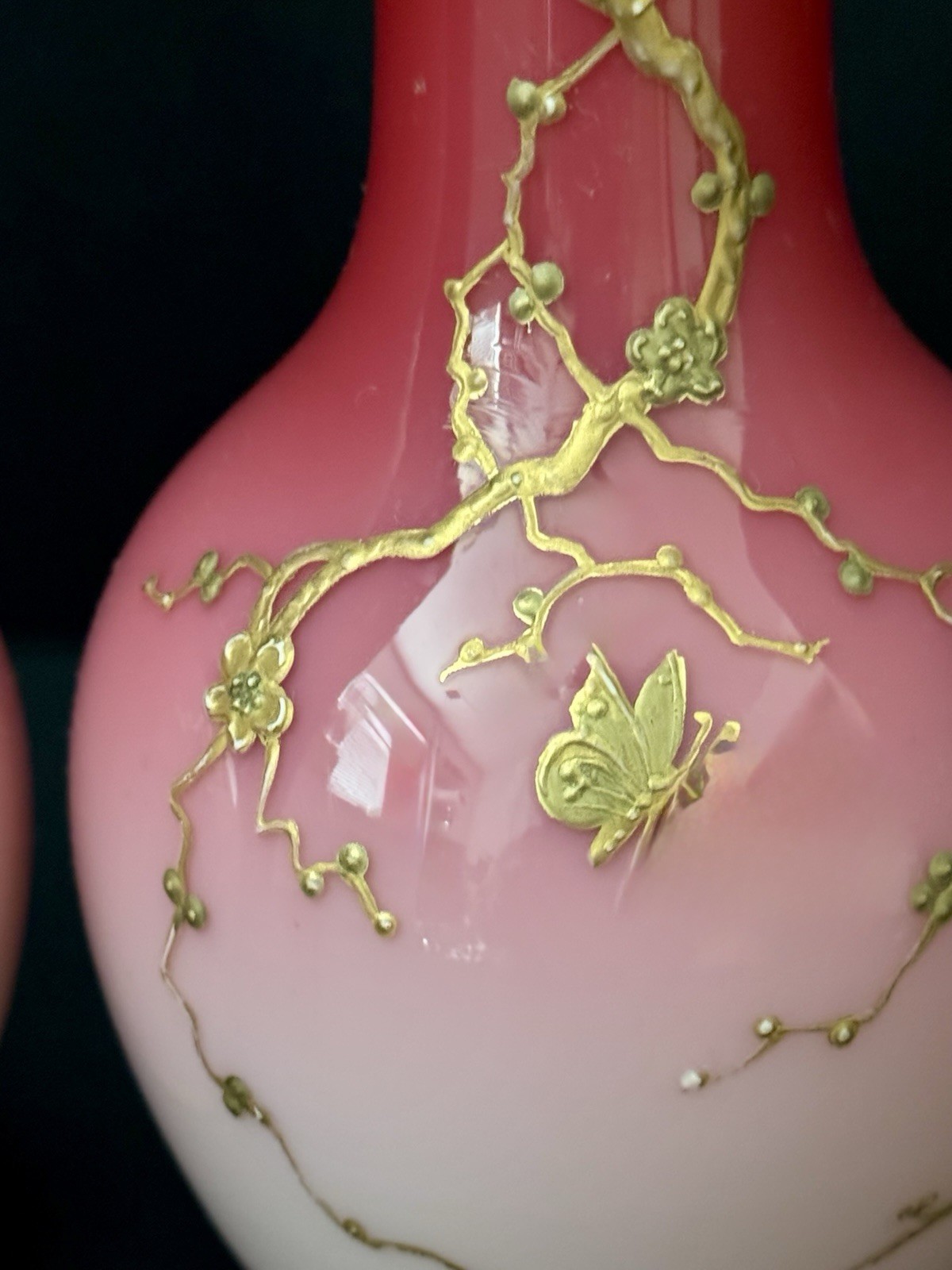 Pair Thomas Webb Peachblow Art Glass Rare Companion Vases Gilt Butterfly Nouveau