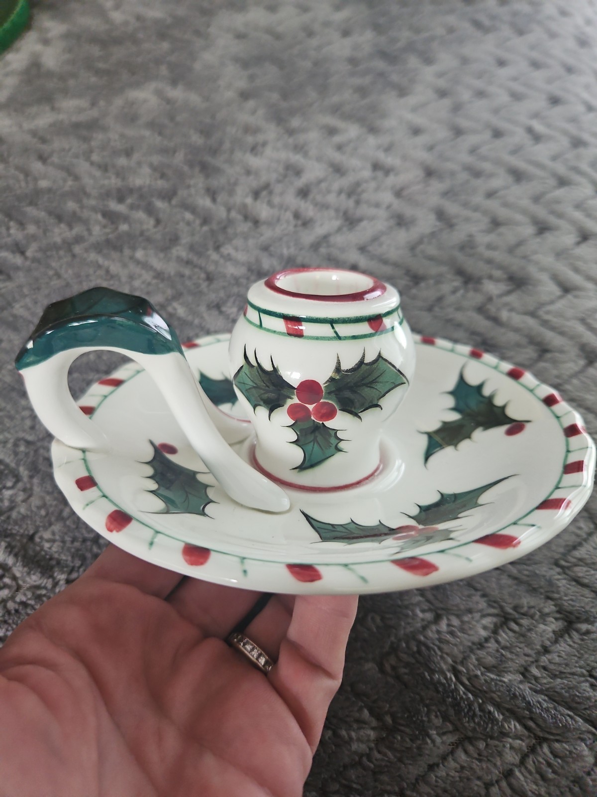 Lefton Japan Candlestick Holder Christmas Holly Candy Cane Rim Taper 033 LOT 3