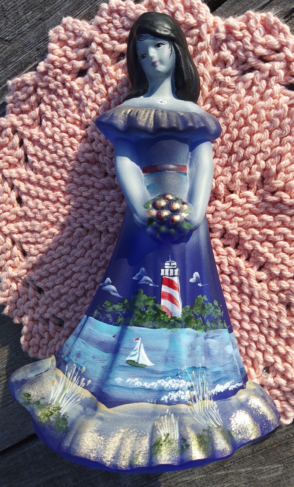 Fenton Bridesmaid Doll, Lighthouse Sailboat Beach Scene, Blue 2012, Handpainted