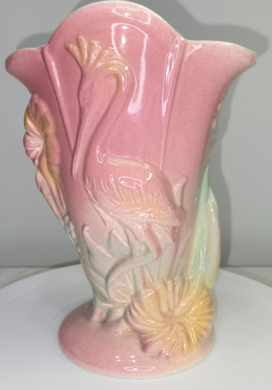 Hull Pottery 9″ Pink Flamingo Heron Crane Hibiscus Vase #85 Flower Vitg MCM READ