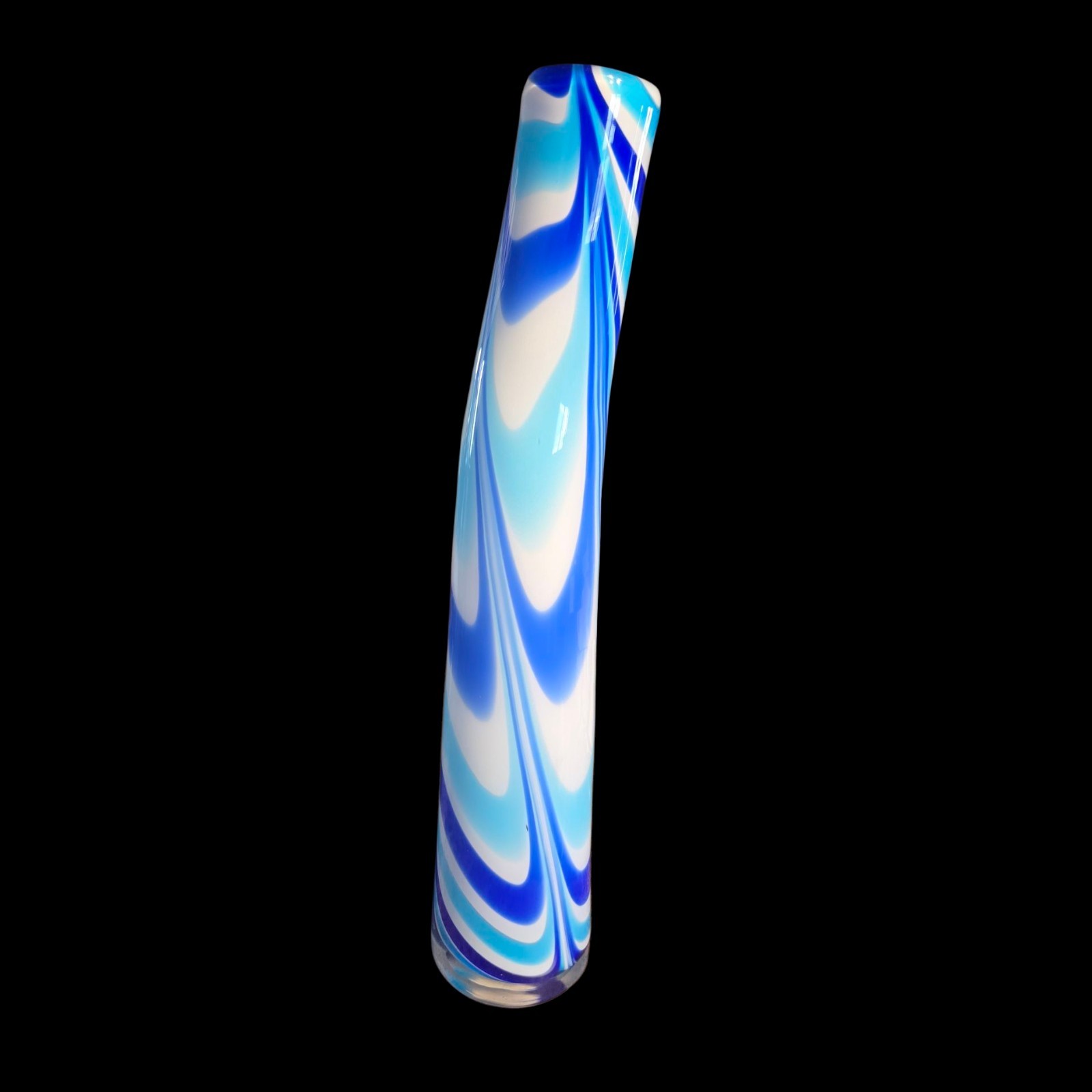 Hand Blown Art Glass Vase 15.75″ Cased Curved Cobalt Blue Tuquoise White Swirl