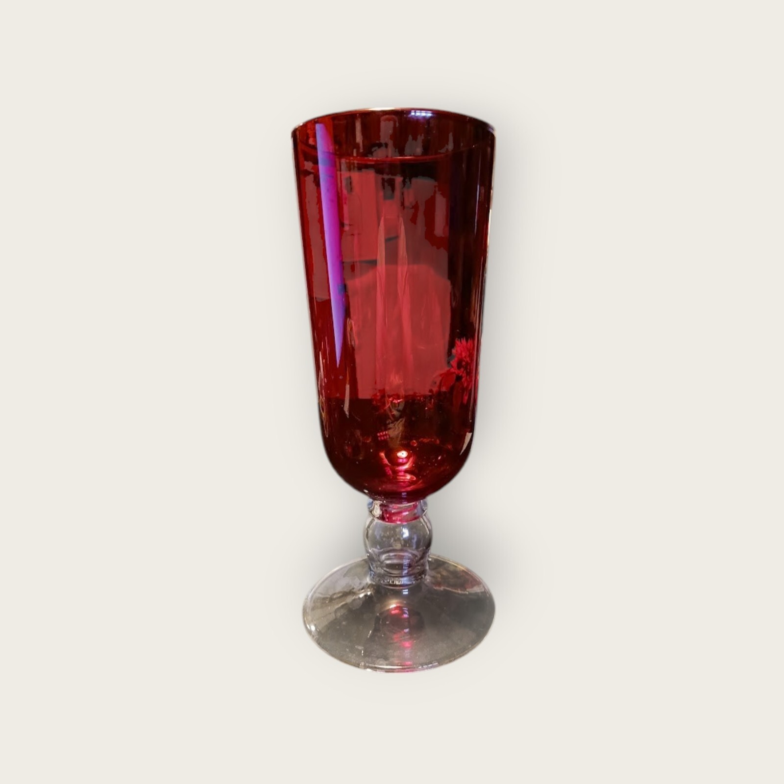 Vintage Ruby Red Tall Vase-Clear Glass Base-13 inches tall x 5 1/2 inches wide