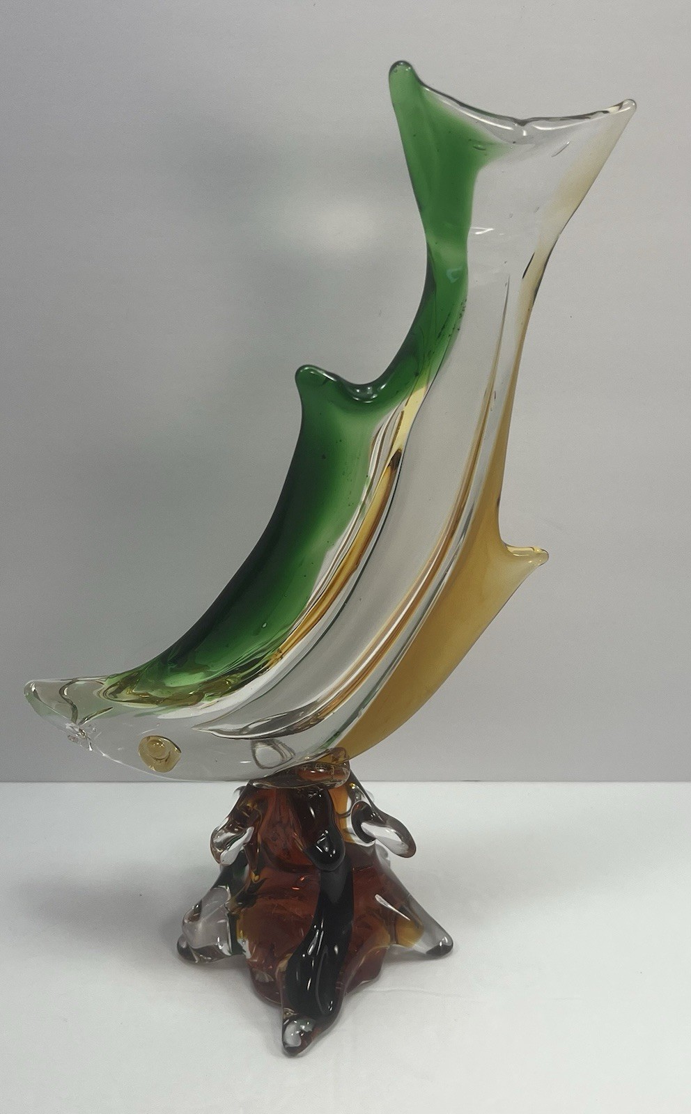 Beautiful Decorative Glass Fish 10.5 In. Tall Green Yellow Brown Murano-like