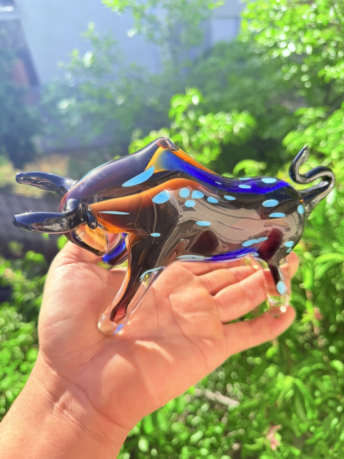 Art glass blue amber purple bull figurine hand blown