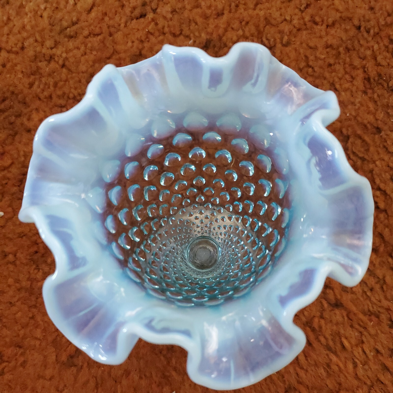 Blue Opalescent Hobnail Glass Trumpet Vase Ruffled Rim 5-1/2 inches