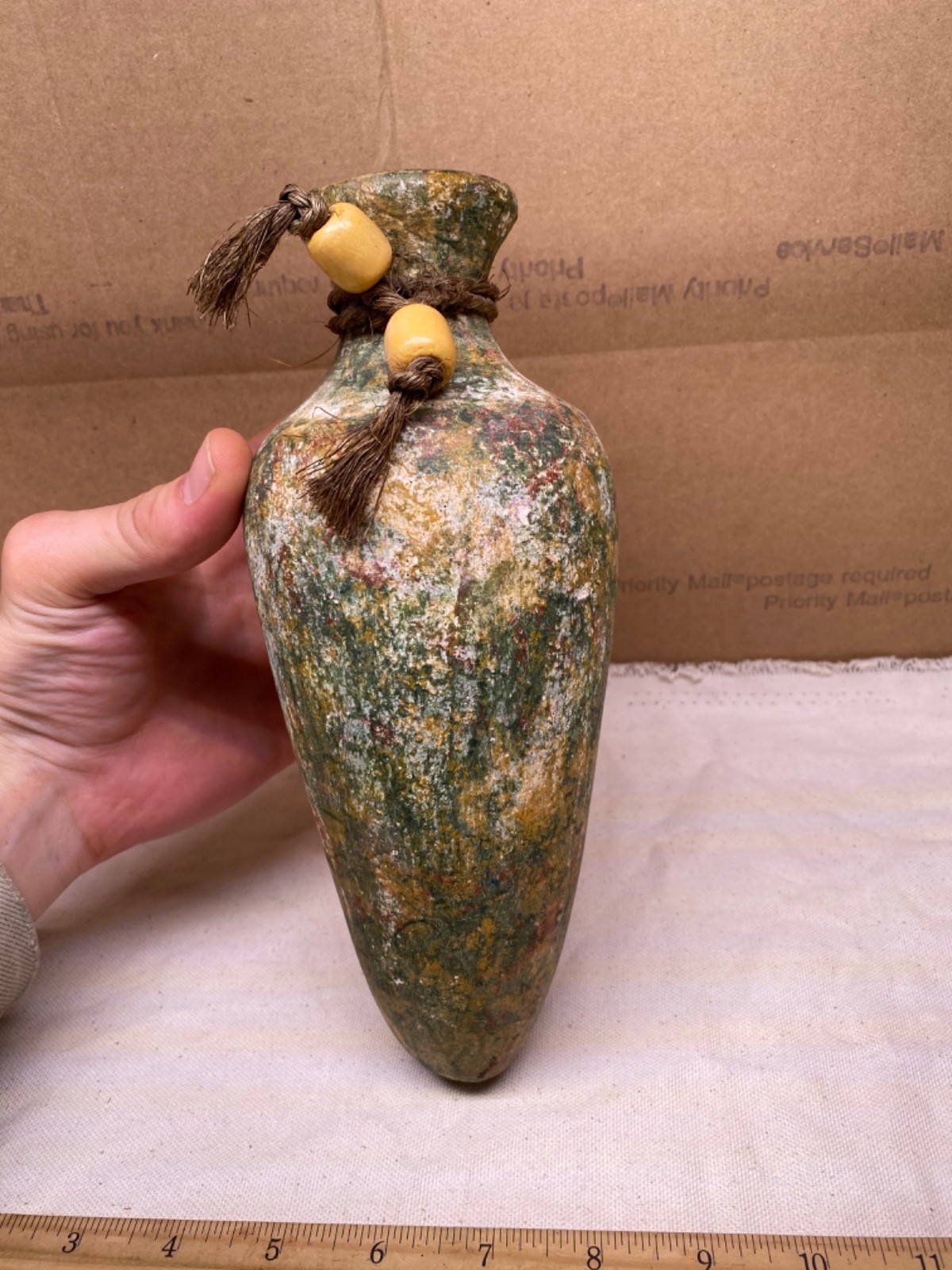 Ceramic Pottery Clay vase urn Earth tone Amphora rope bead vintage