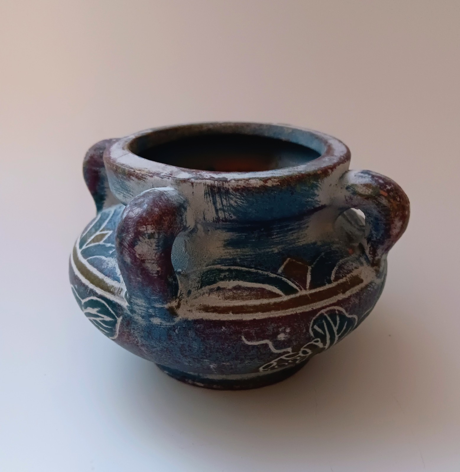 Handmade Small Ceramic Vase Distressed Blue & Purple Etched Floral Design…