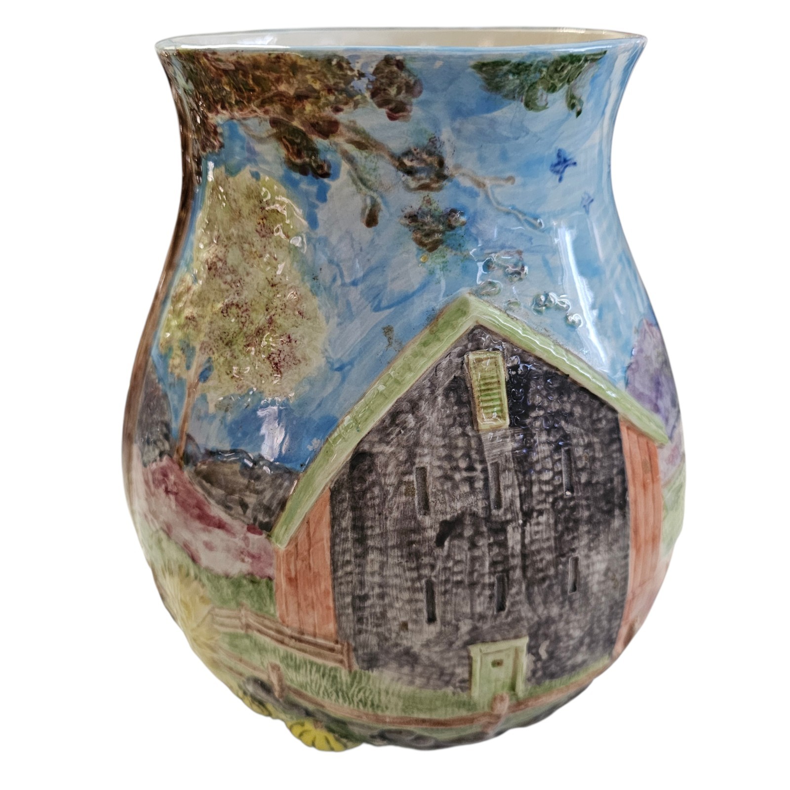 Hand Painted Ceramic Vase 7.75″ Vintage Barn Covered Bridge Trees Mountains 1989