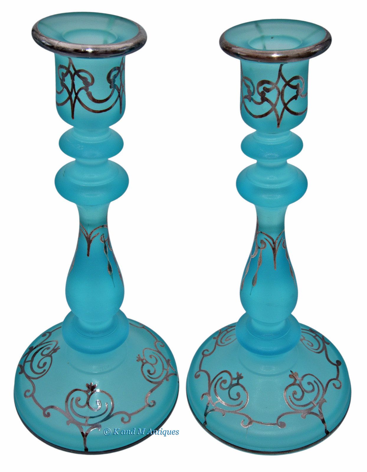 Tiffin  No. 74 Blue Satin 10 1/8″ Candlesticks with Platinum Trim – FABULOUS!